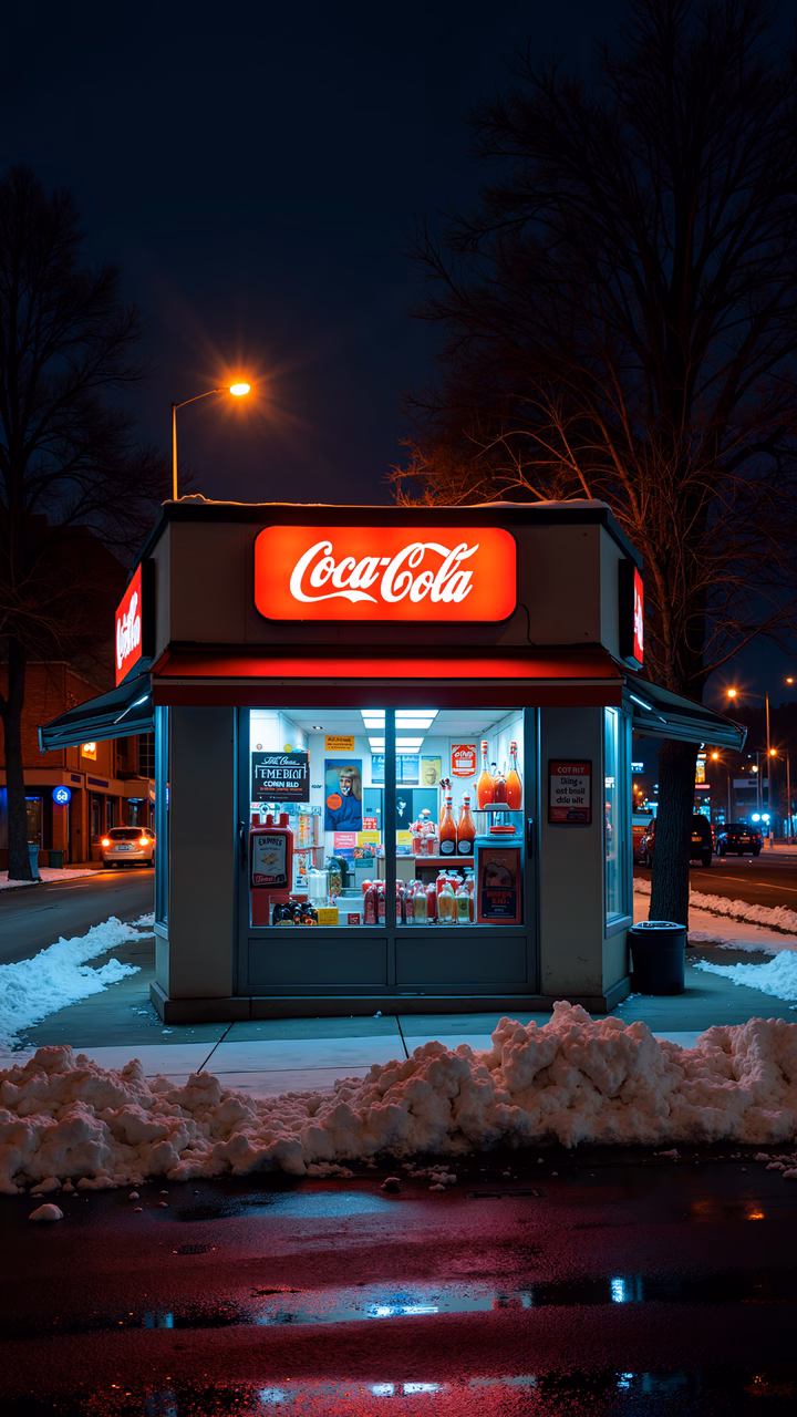Vibrant Coca-Cola neon sign glowing at night, contrasting with snowy surroundings.