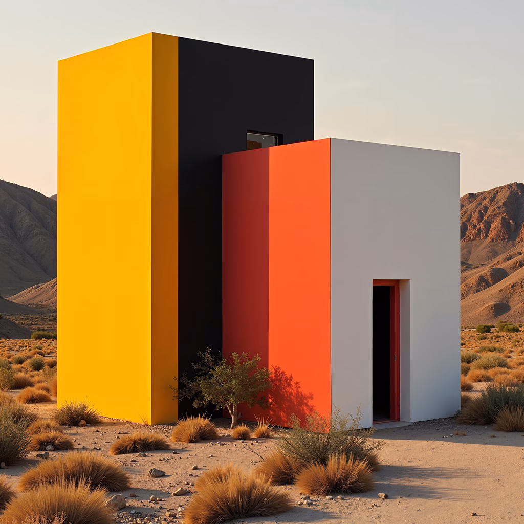 Boldly colored cubes stand out in a desert landscape at sunset.