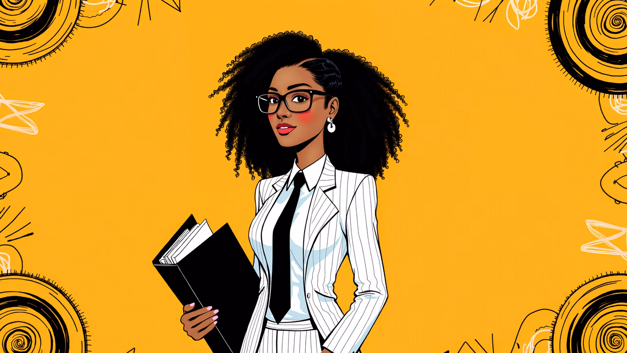 Confidently dressed scholar holding books against a striking yellow patterned backdrop.