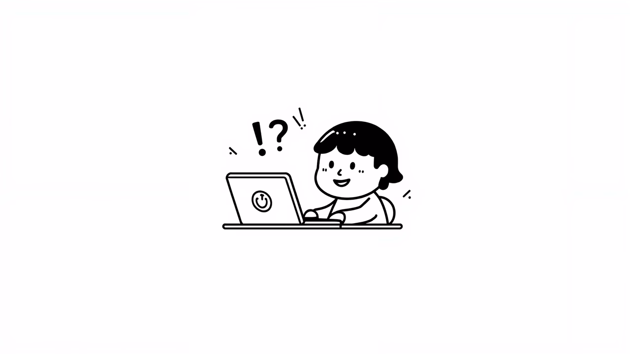 A confused child looking at a laptop in a minimalist illustration style.