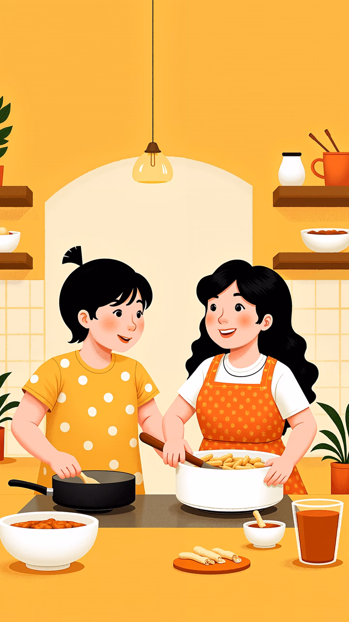 Two people cooking together in a warm, inviting kitchen setting.