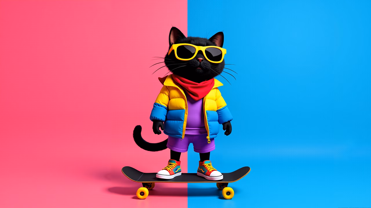 Cool cat skateboarding in a colorful, urban setting.