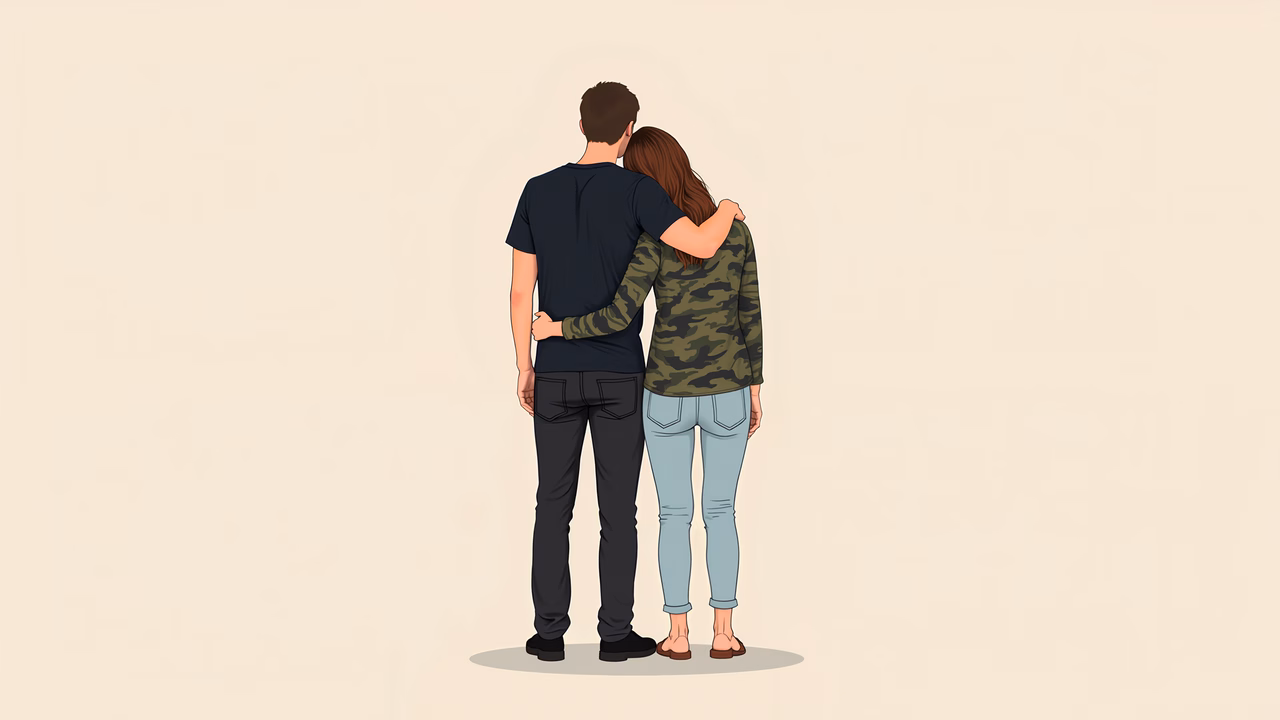 A loving embrace between two individuals in a cozy, neutral setting.