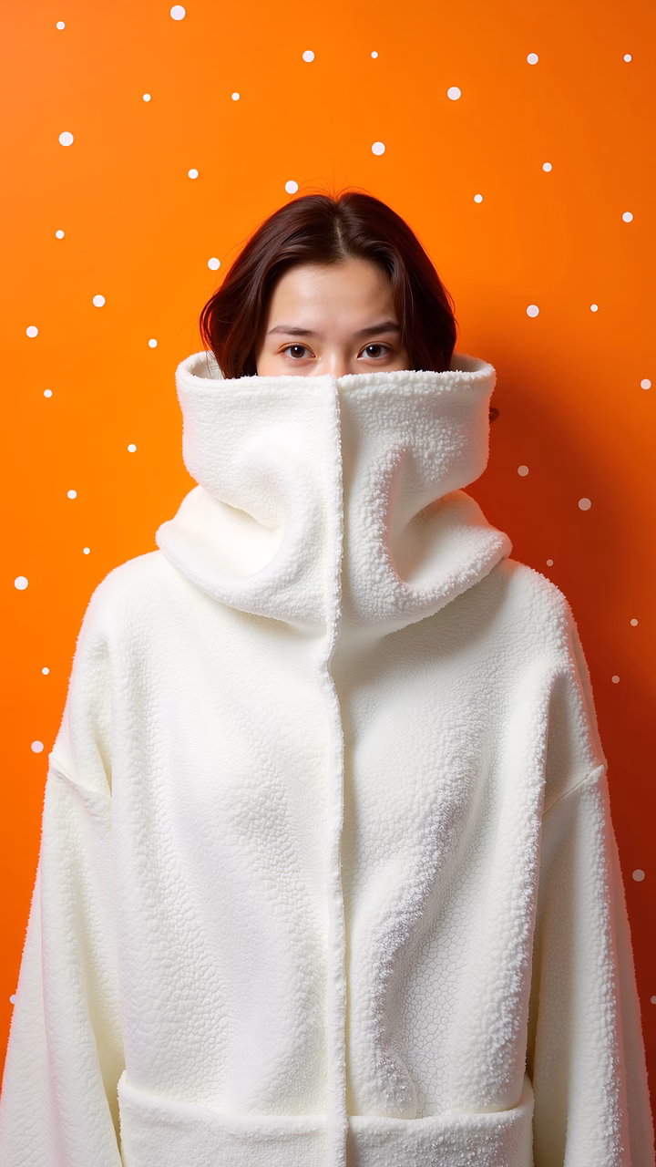 Winter fashion in a cozy, snowy setting.