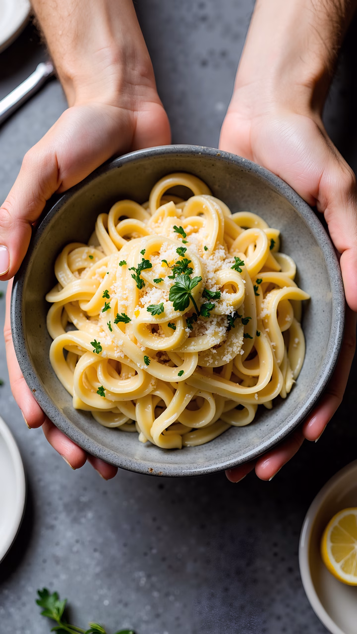 Close-up of creamy pasta in a bowl, garnished with parsley and cheese, set against a gray background.