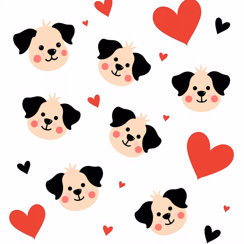 Cute dog faces surrounded by hearts, perfect for kids' decor or books.