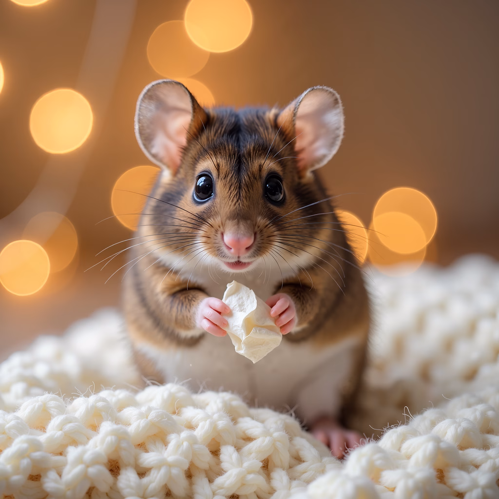 A charming hamster enjoying a crumpled piece of paper against a backdrop of warm bokeh lights.