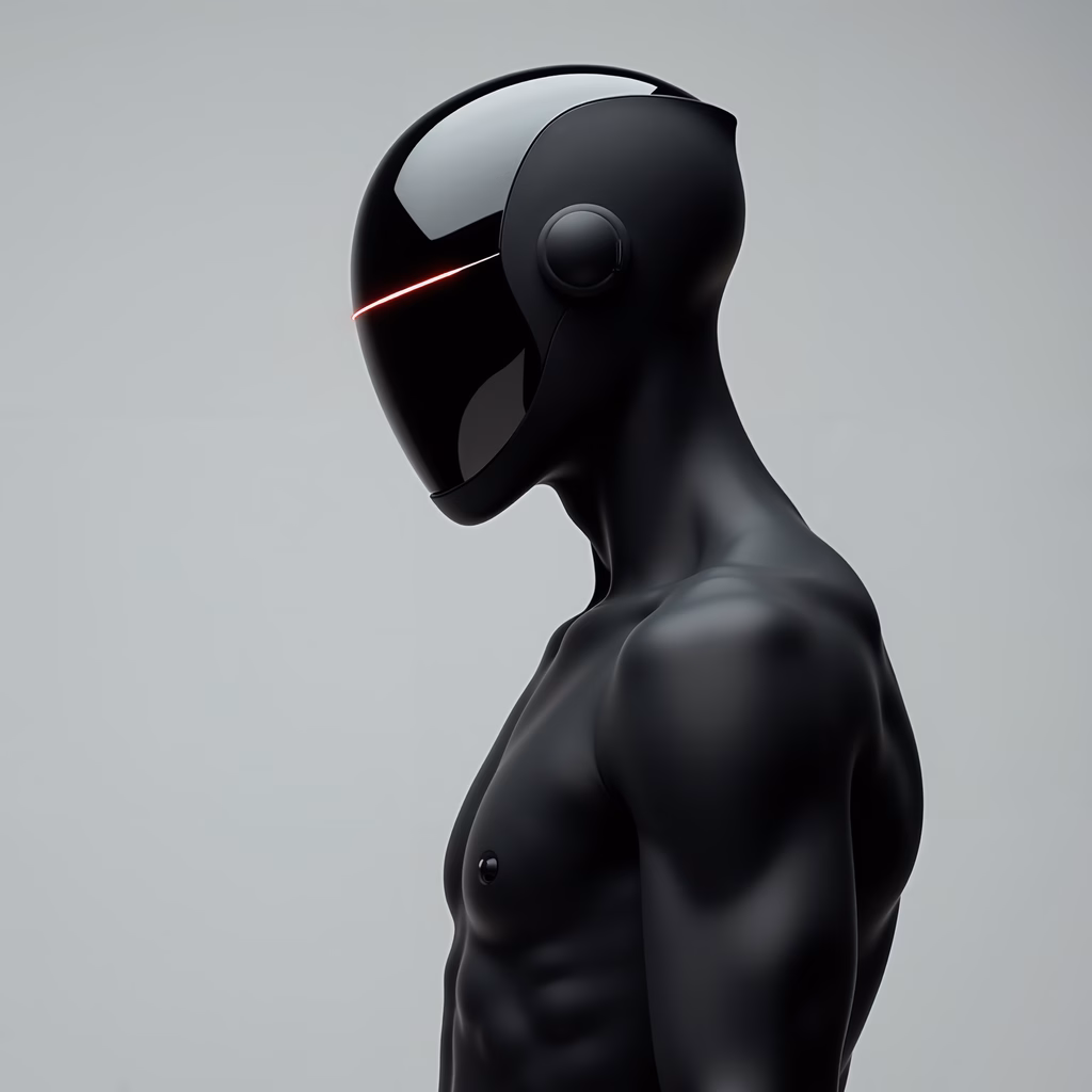 Minimalistic cyberpunk helmet with glowing red light strip on a sleek figure.