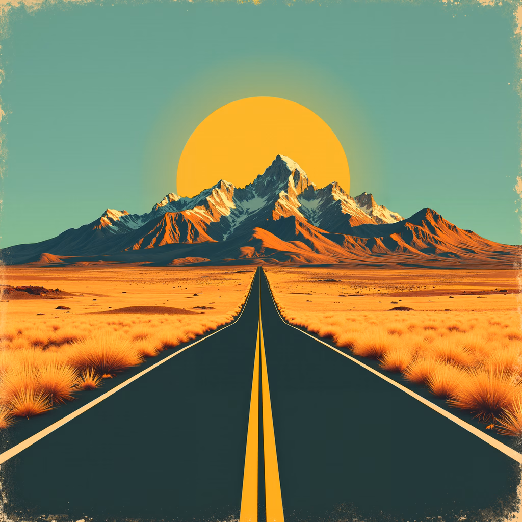 A tranquil desert road leading to snow-capped mountains under a warm sun, evoking adventure and nostalgia.