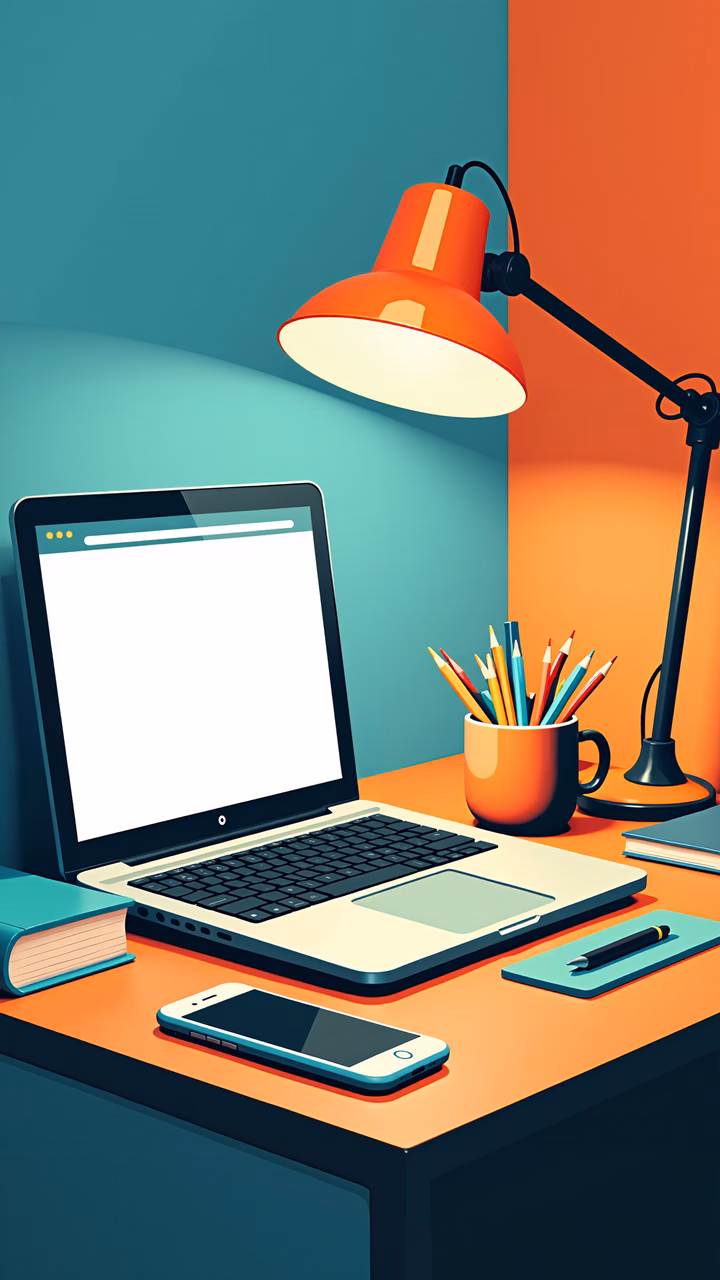 A modern desk setup with a laptop, smartphone, and colorful pencils under a warm lamp.