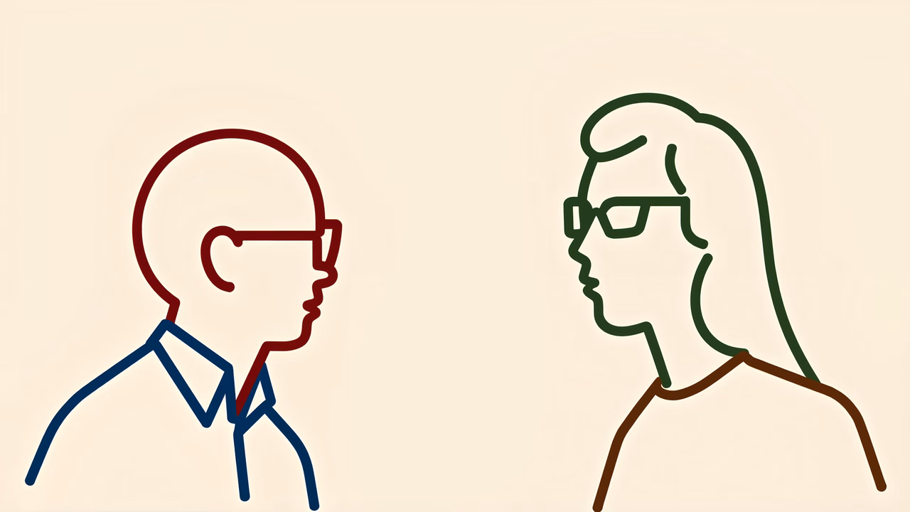 Minimalist illustration of two people conversing.