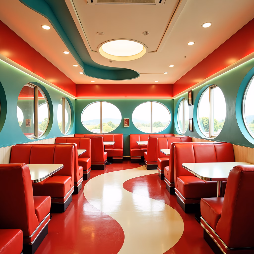 Vibrant retro diner interior with bold colors and circular design.