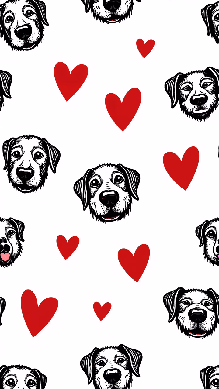 Repetitive dog faces and hearts in a playful black-and-white illustration with red accents.