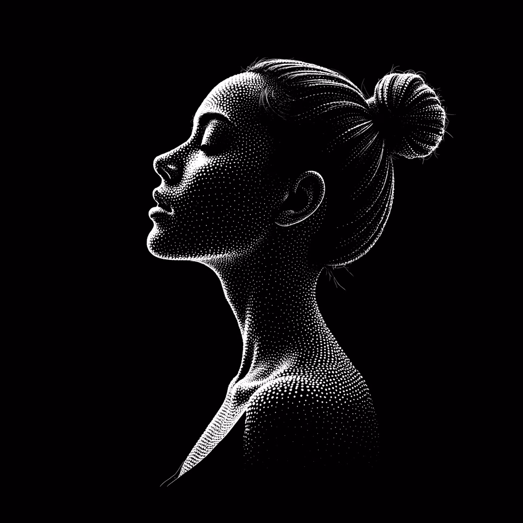 Dotwork portrait of a serene woman in profile, black and white contrast, elegant bun, textured dots, peaceful expression.