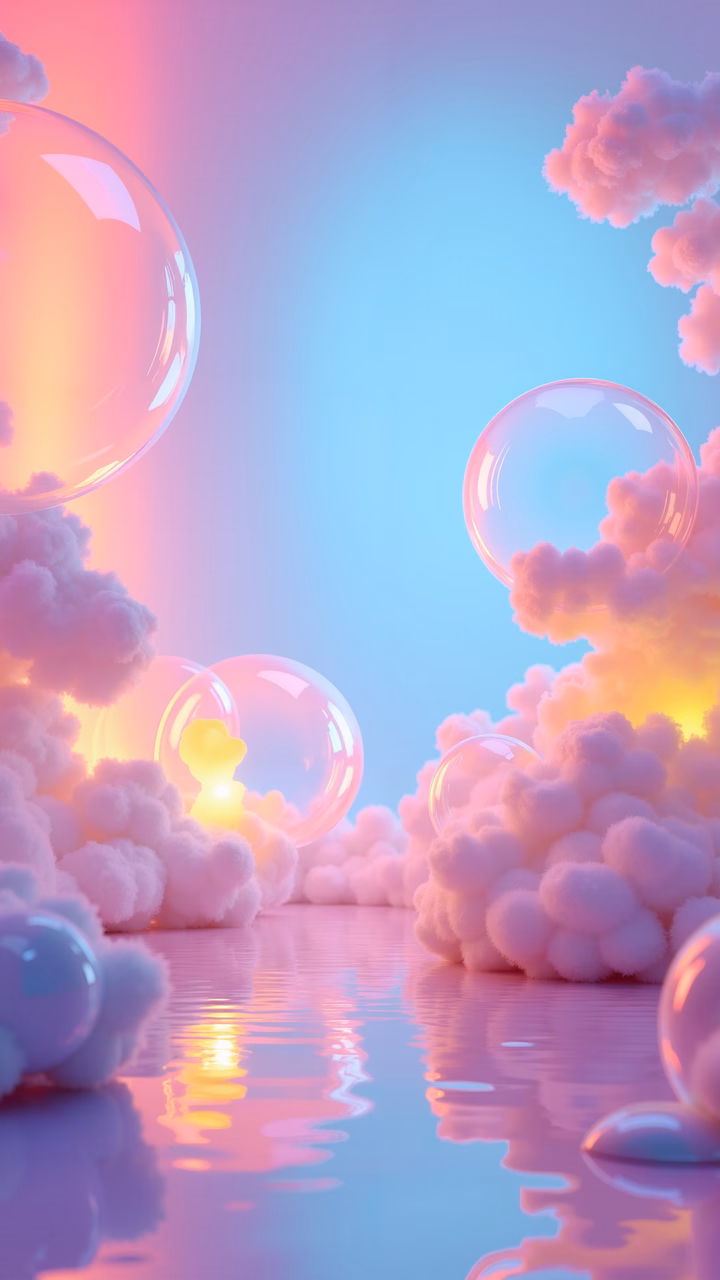 Glowing bubbles amidst dreamy clouds over a tranquil water surface.