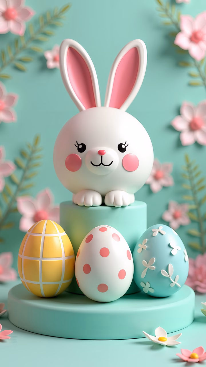 Cute Easter bunny and decorated eggs on a teal background with pink flowers.