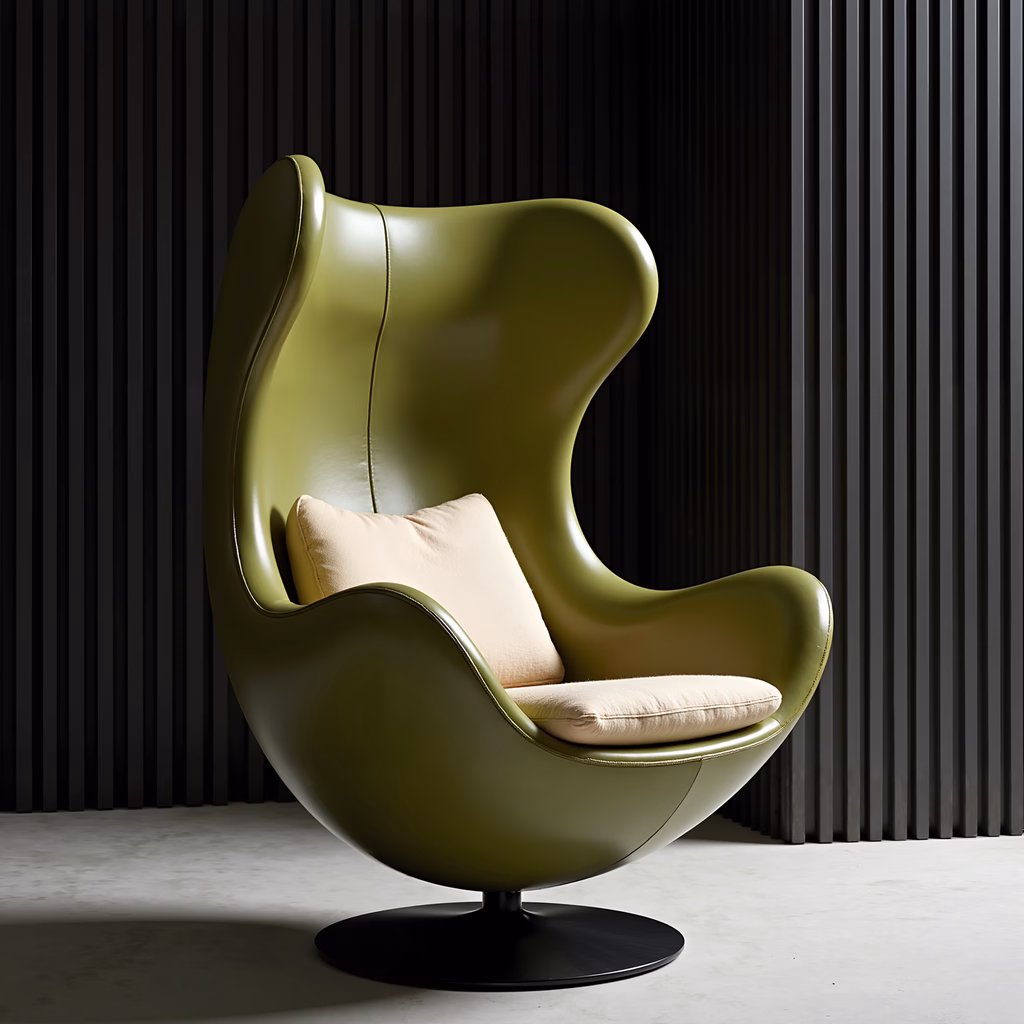 Minimalist Egg Chair with Olive Green Leather and Neutral Cushion