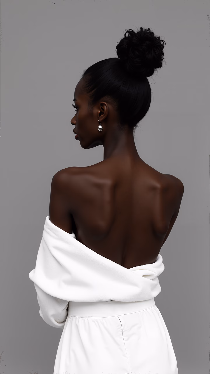 Minimalist elegance with a dramatic off-the-shoulder neckline against a neutral backdrop.