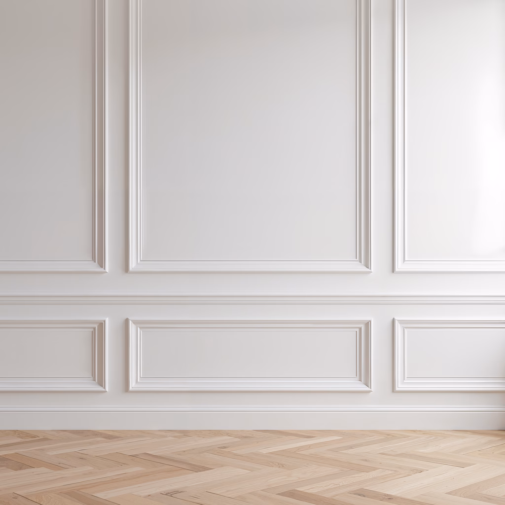 Minimalist interior design with elegant paneling and herringbone parquet flooring.