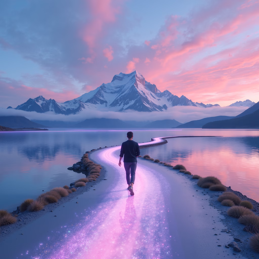 Solitary figure on a glowing path leading to a mountainous landscape.