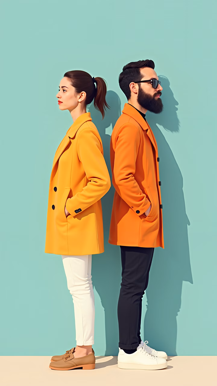 Vibrant orange coats on a mint green background, showcasing modern fashion.