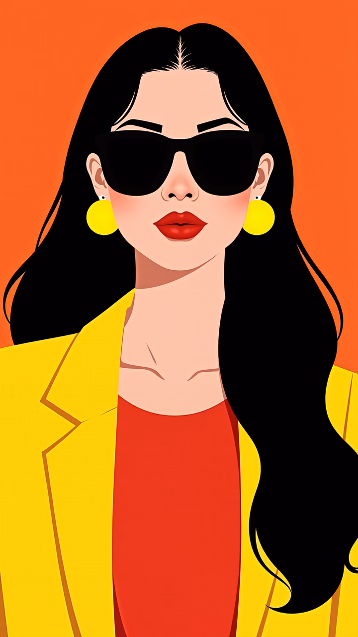 Bold fashion illustration with primary colors and modern accessories.