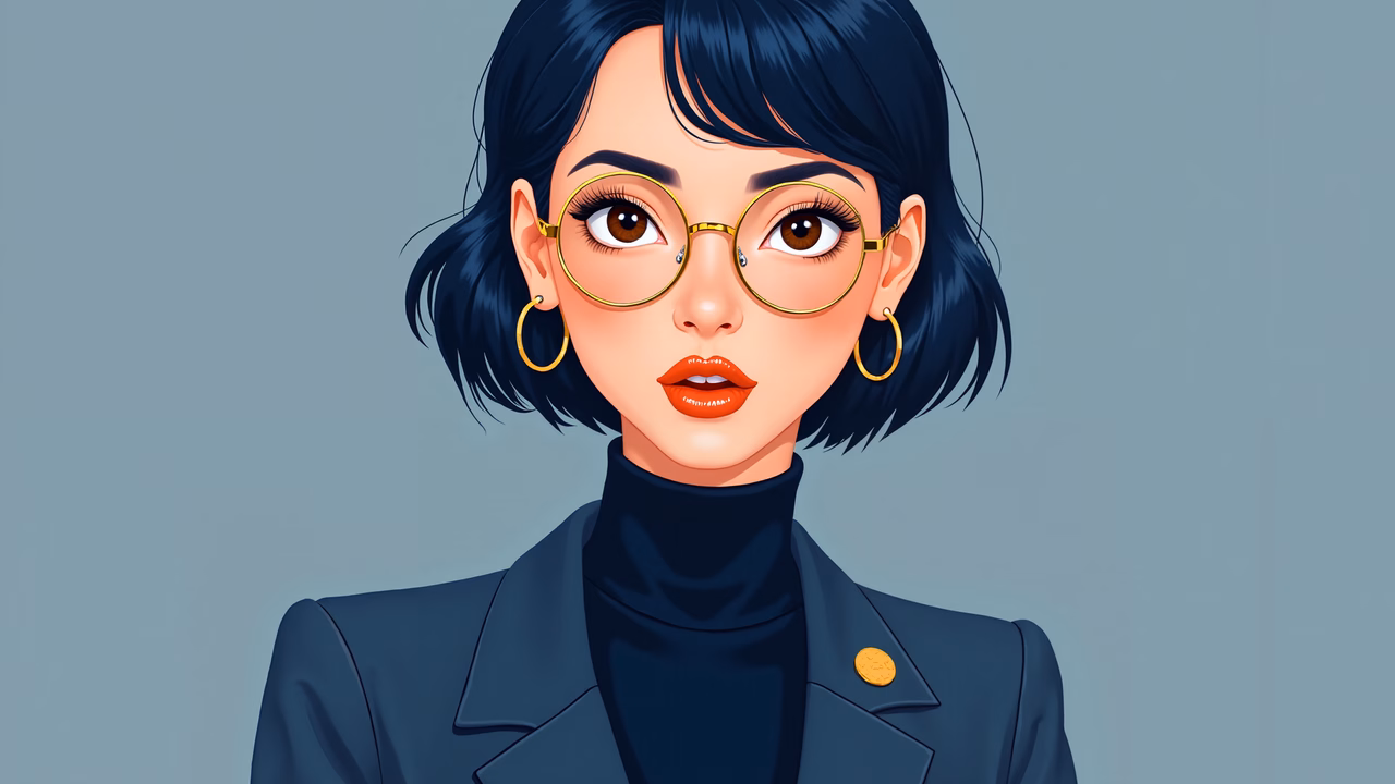 Stylish fashion illustration with bold accessories and dark tones.