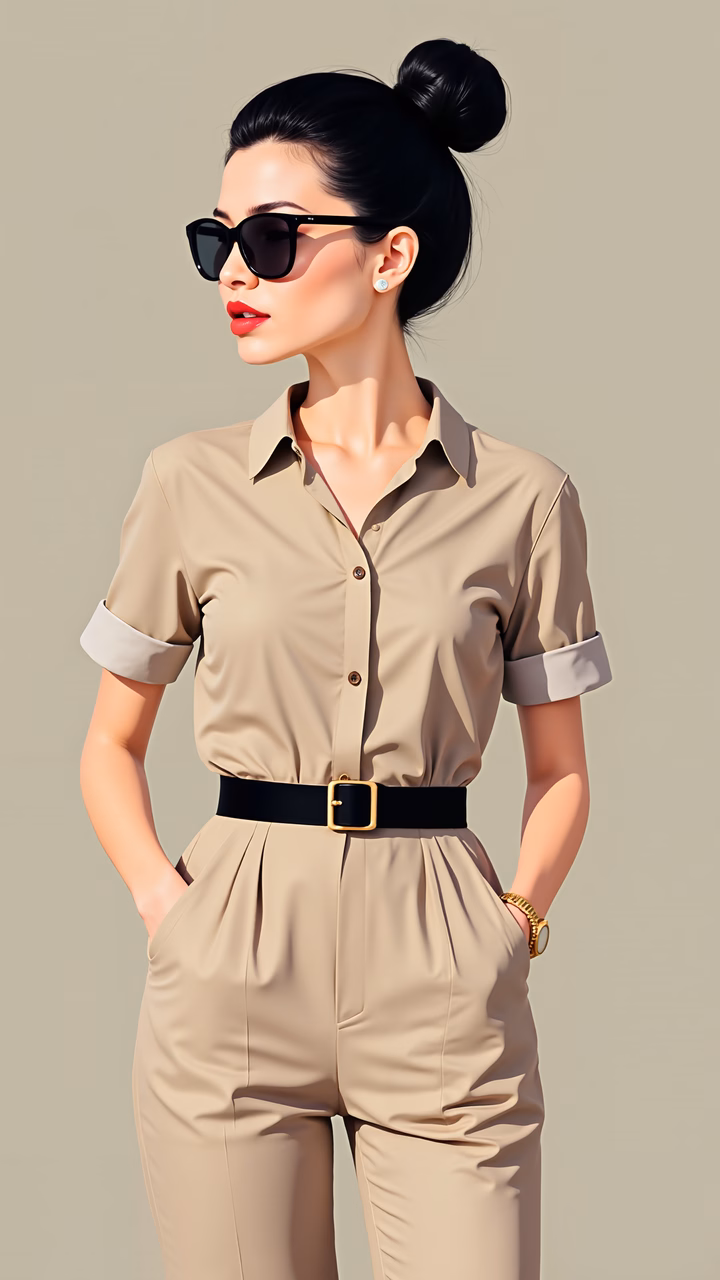 Elegant fashion illustration of a woman in a beige jumpsuit and black belt.