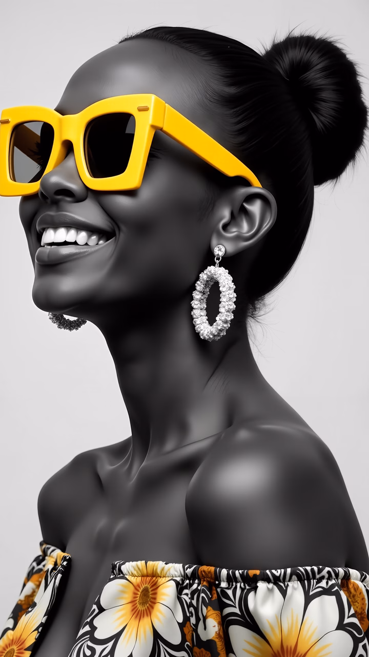 Bold yellow sunglasses and a floral top in a monochrome setting.