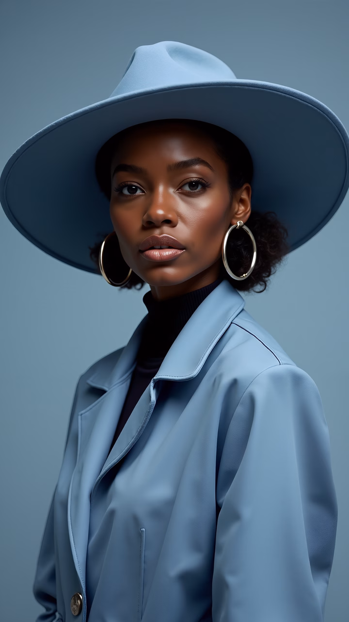 Bold fashion portrait with blue hat and stylish accessories.