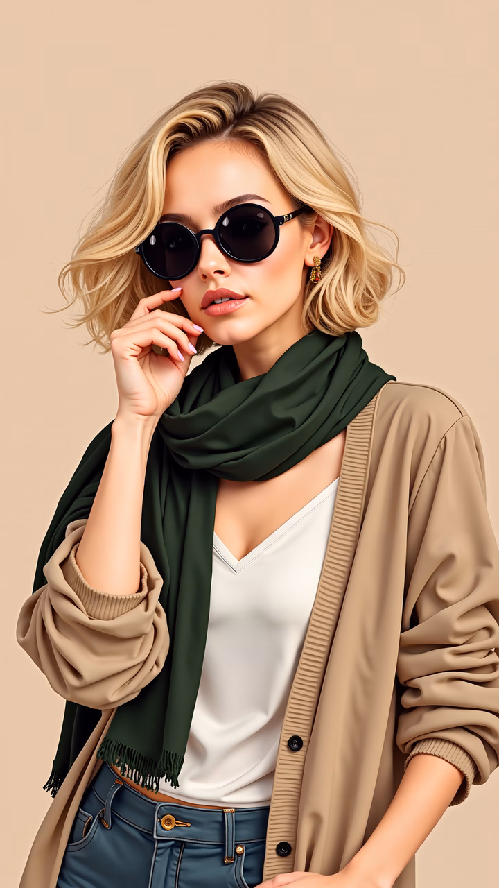 Confidently stylish woman in a chic outfit with sunglasses and a green scarf.