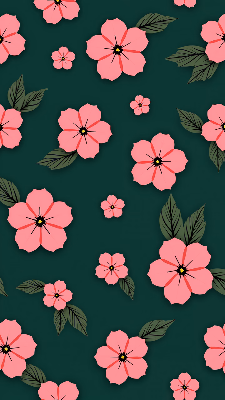 Symmetrical floral pattern with pink flowers on a teal background.