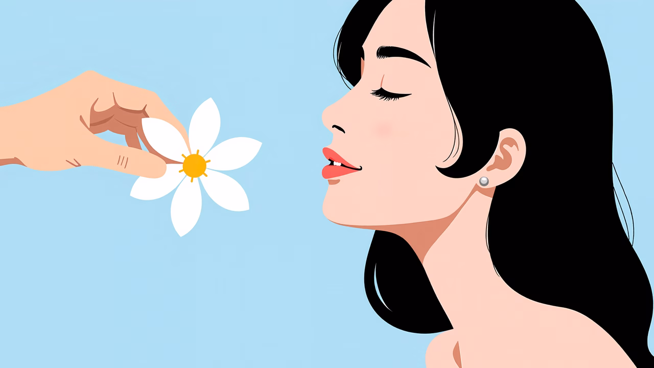 A tender moment captured through a minimalist illustration featuring a flower and a woman's peaceful expression.