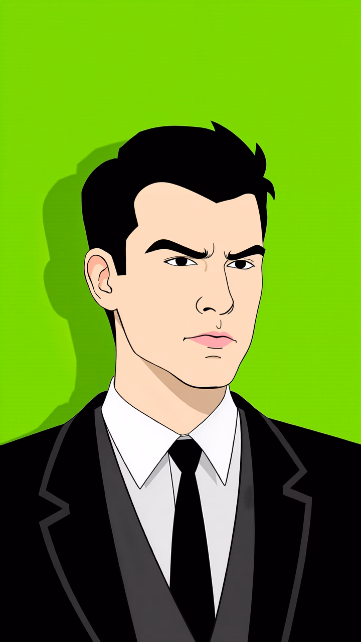 Serious formal portrait with bold colors and clean lines.