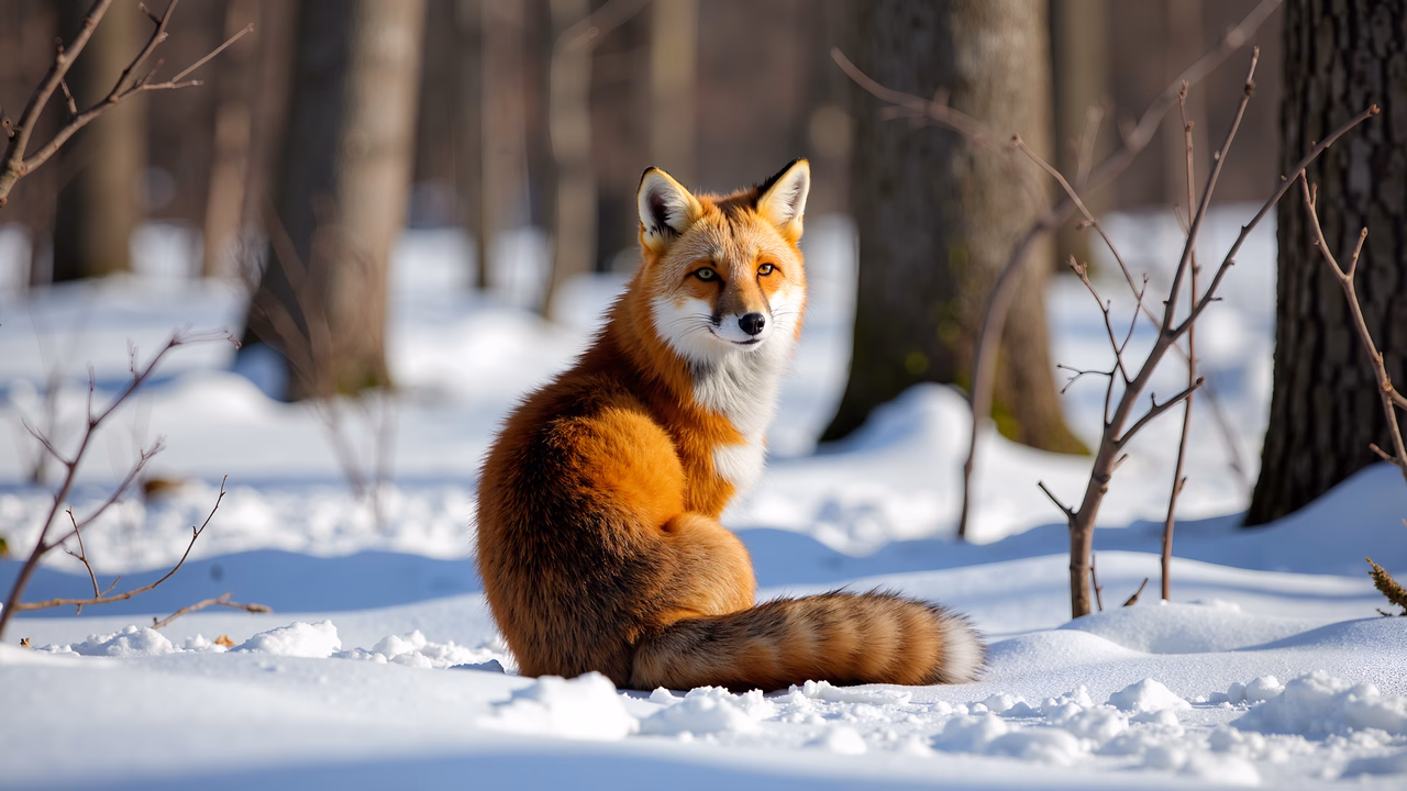 A fox in a snowy forest, serene winter scene