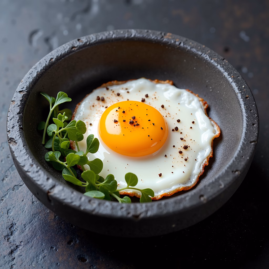 A close-up of a fried egg with microgreens in a rustic bowl, emphasizing freshness and simplicity.
