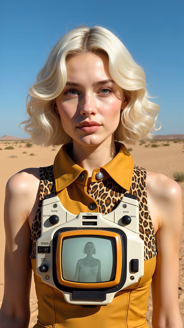 Futuristic television portrait of a stylish woman in a desert setting.