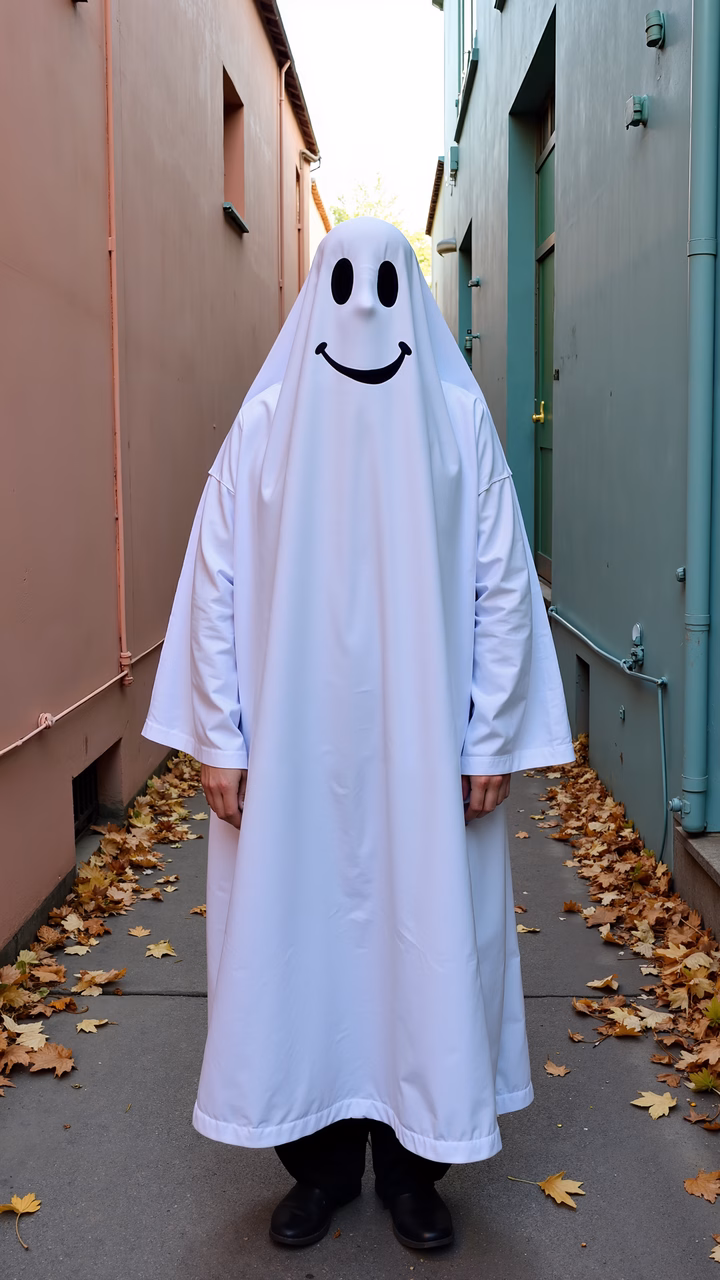 Costumed ghost with smiley face in autumn alley