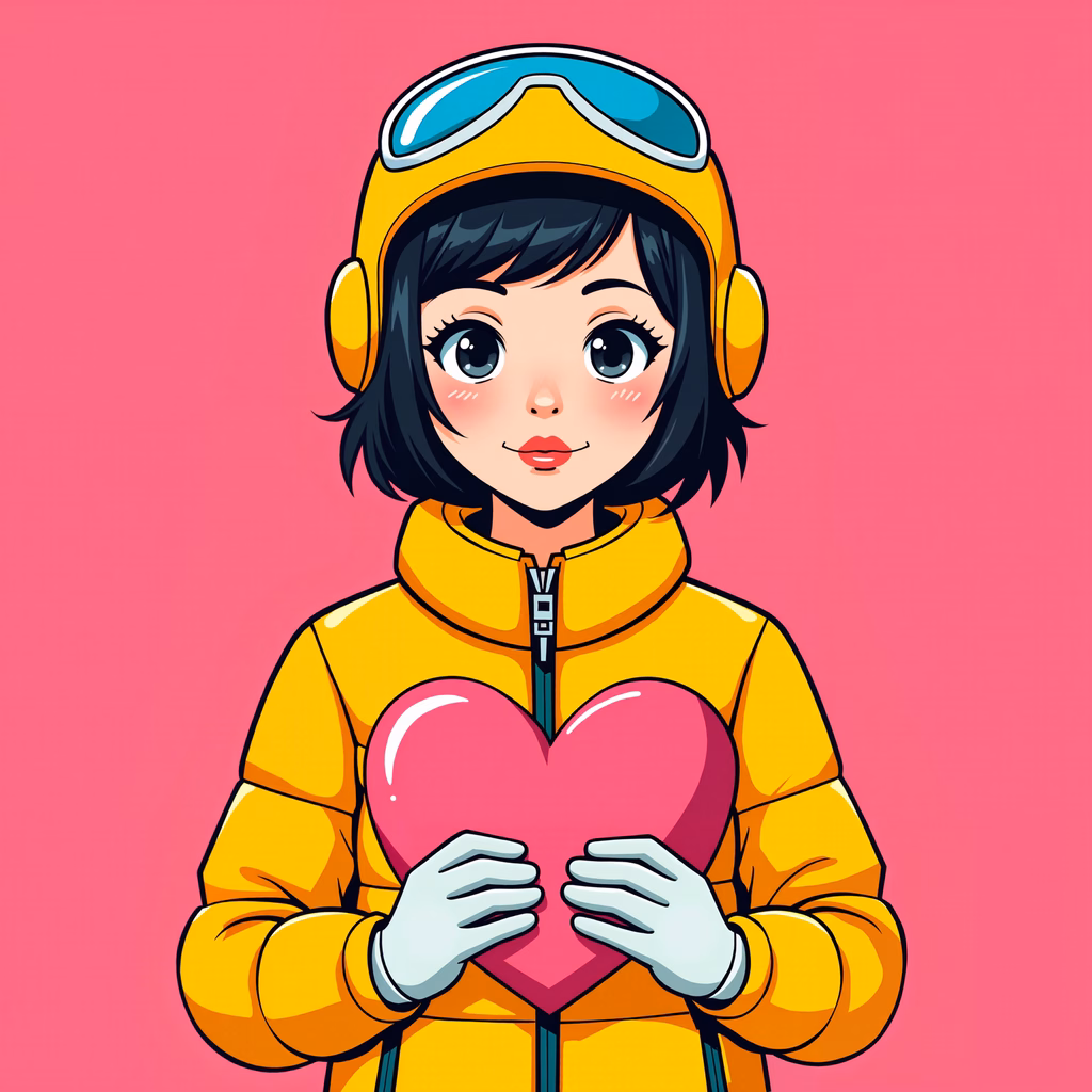 A charming illustration of a girl holding a heart, wearing a yellow ski jacket against a pink background.