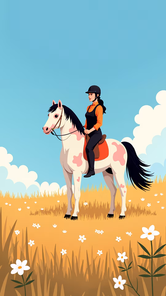 Girl Riding Horse in Pastoral Scene