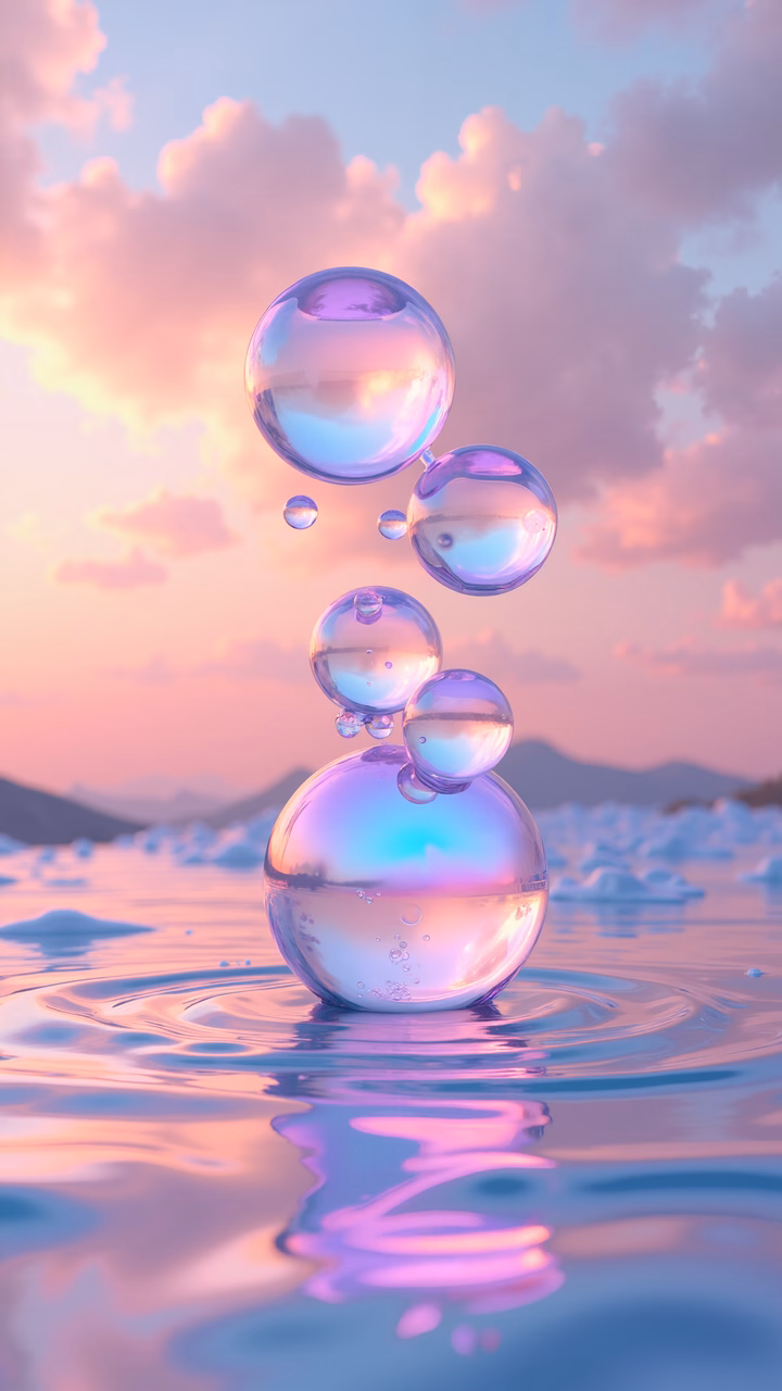 Glass bubbles floating over rippling water against a vibrant sunset sky.