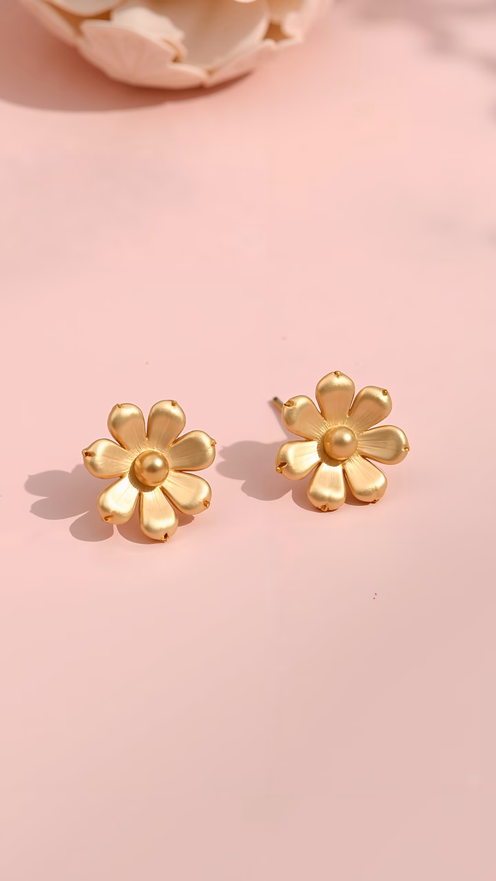 Golden daisy stud earrings with pearl centers on a soft pink background.