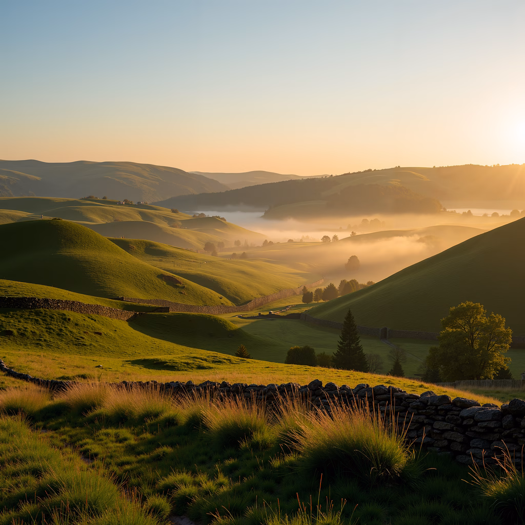 Golden sunrise over lush green hills and misty valleys.