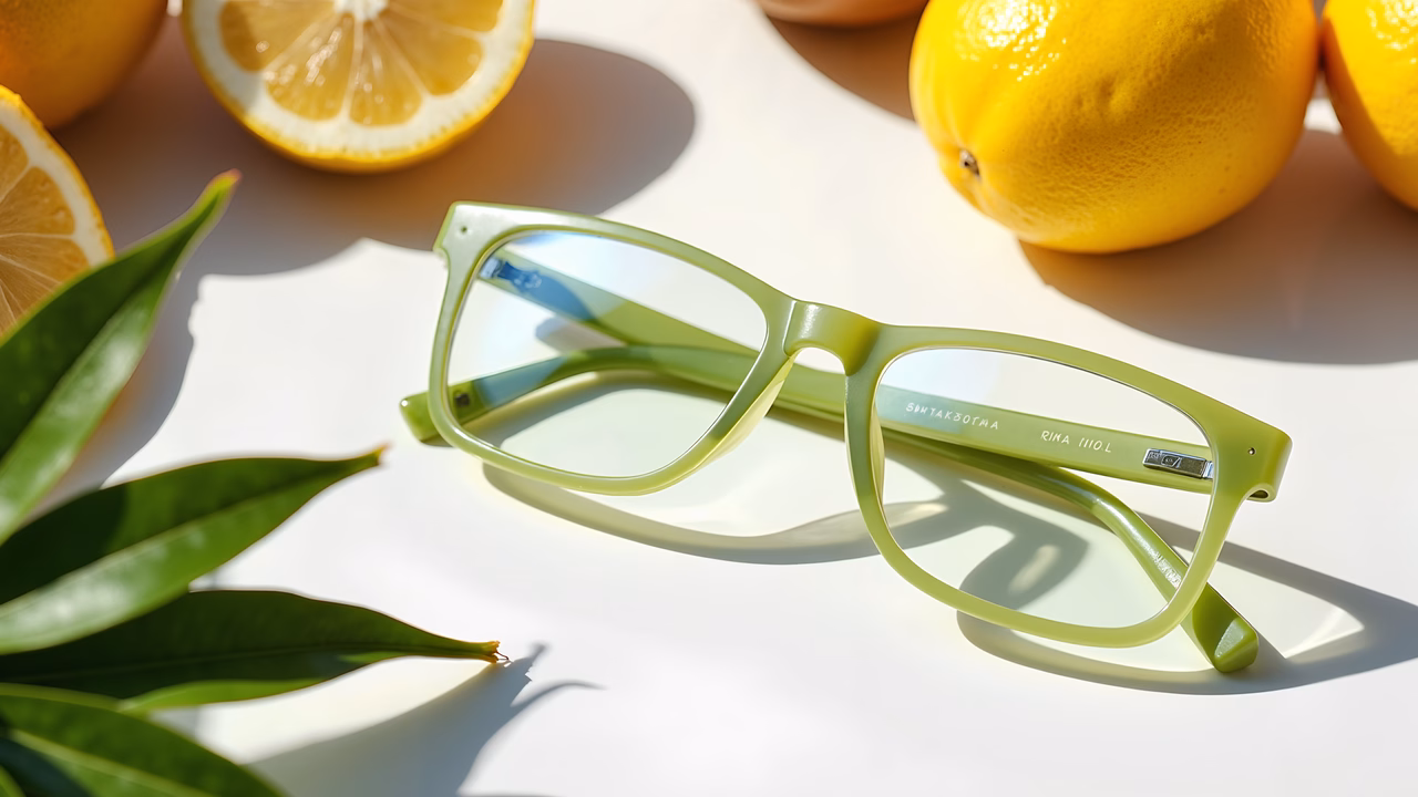 Bright green eyeglasses with citrus fruits and leaves, showcasing fashion and nature.
