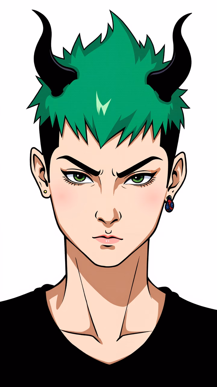 Vibrant green horned character with piercing eyes and bold earrings on a minimalist background.