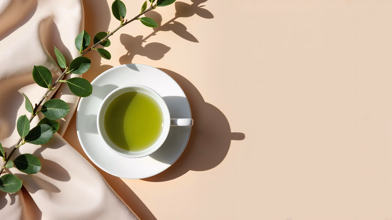 Delicate green tea moment on a beige background with natural shadows.