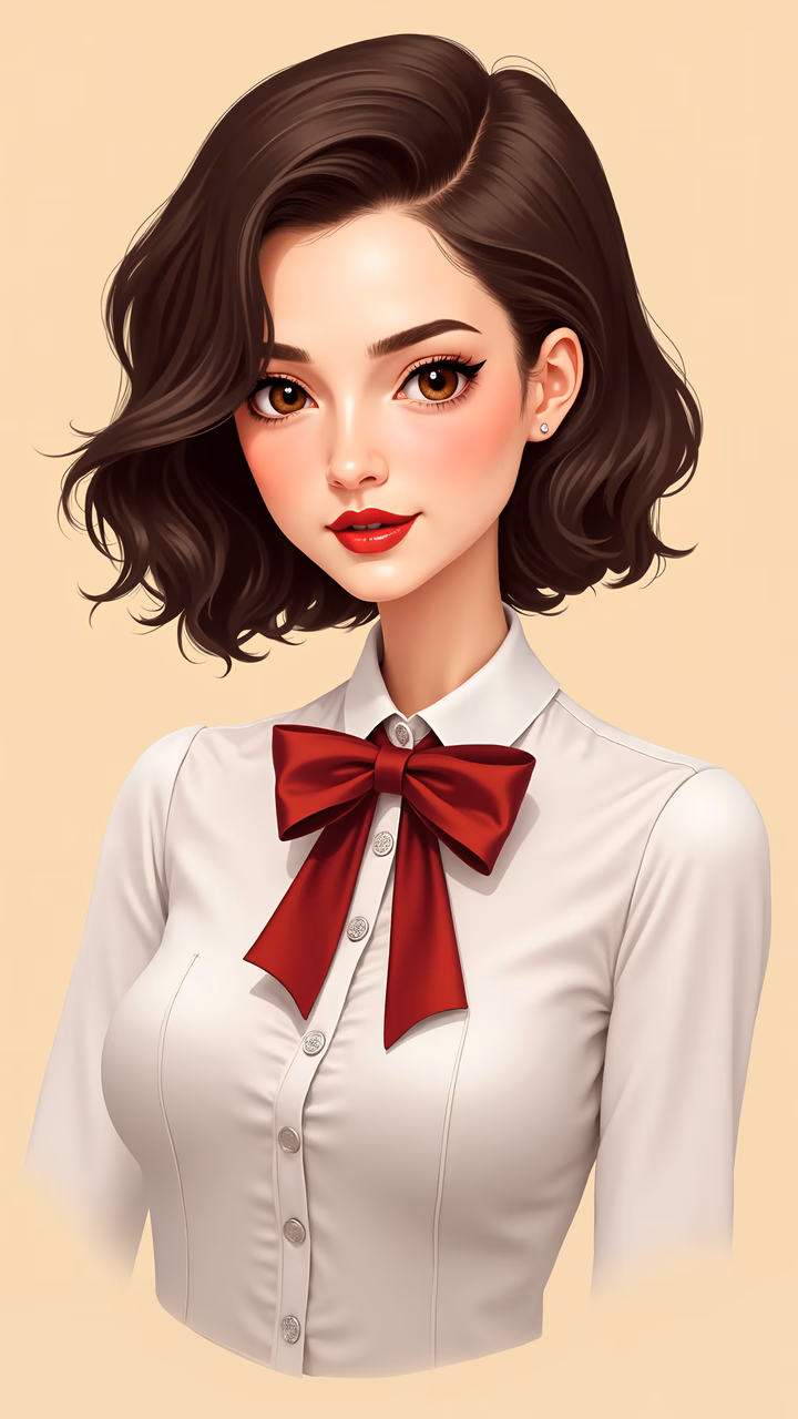 A charming schoolgirl illustration with a classic bow tie and elegant attire.