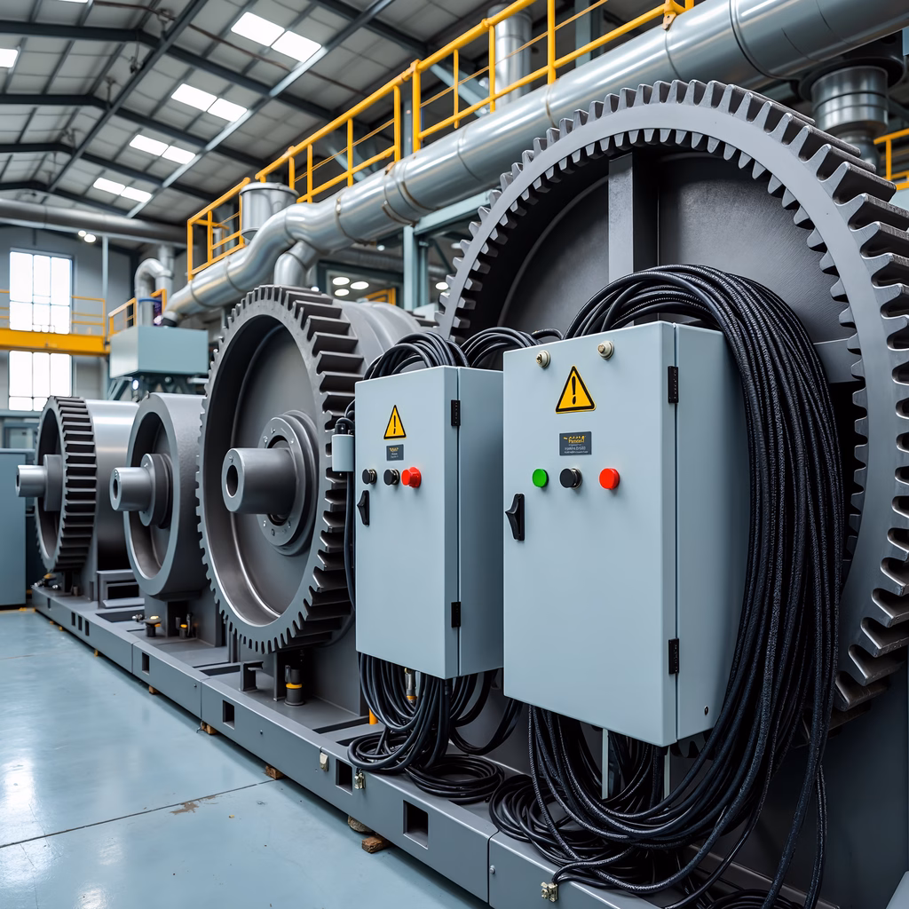 Close-up view of industrial gears and control panels in a factory setting.