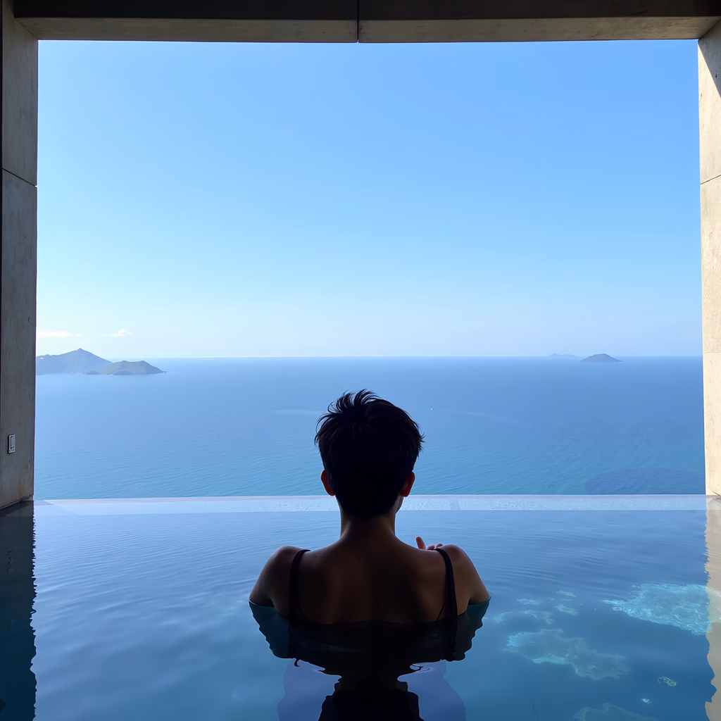 Person relaxing in infinity pool overlooking serene sea landscape.