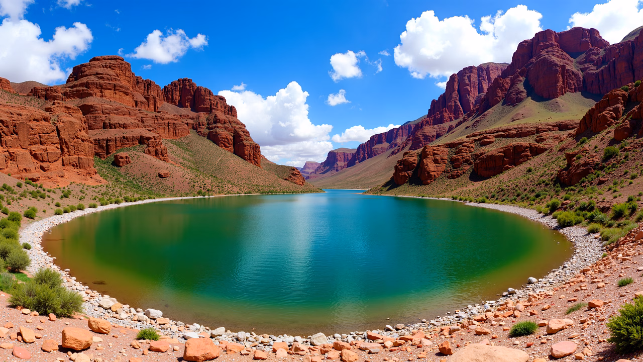 A tranquil lake surrounded by red rock cliffs under a clear blue sky.